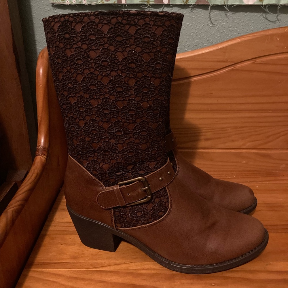 Vintage Lace Overlay Cowgirl Mid-Calf Boots